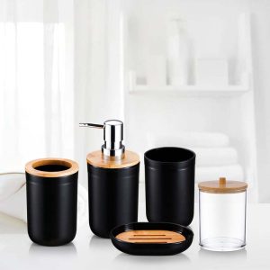 5Pcs Lotion Dispenser & Soap Box & Gargle Cup Set Bamboo Bathroom Accessories Set